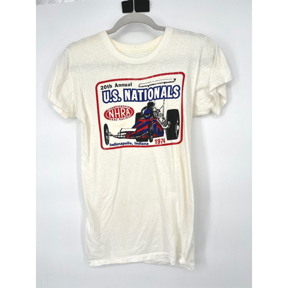 Vintage NHRA T-Shirt Mens Small White 1974 US Nationals Drag Racing Graphic